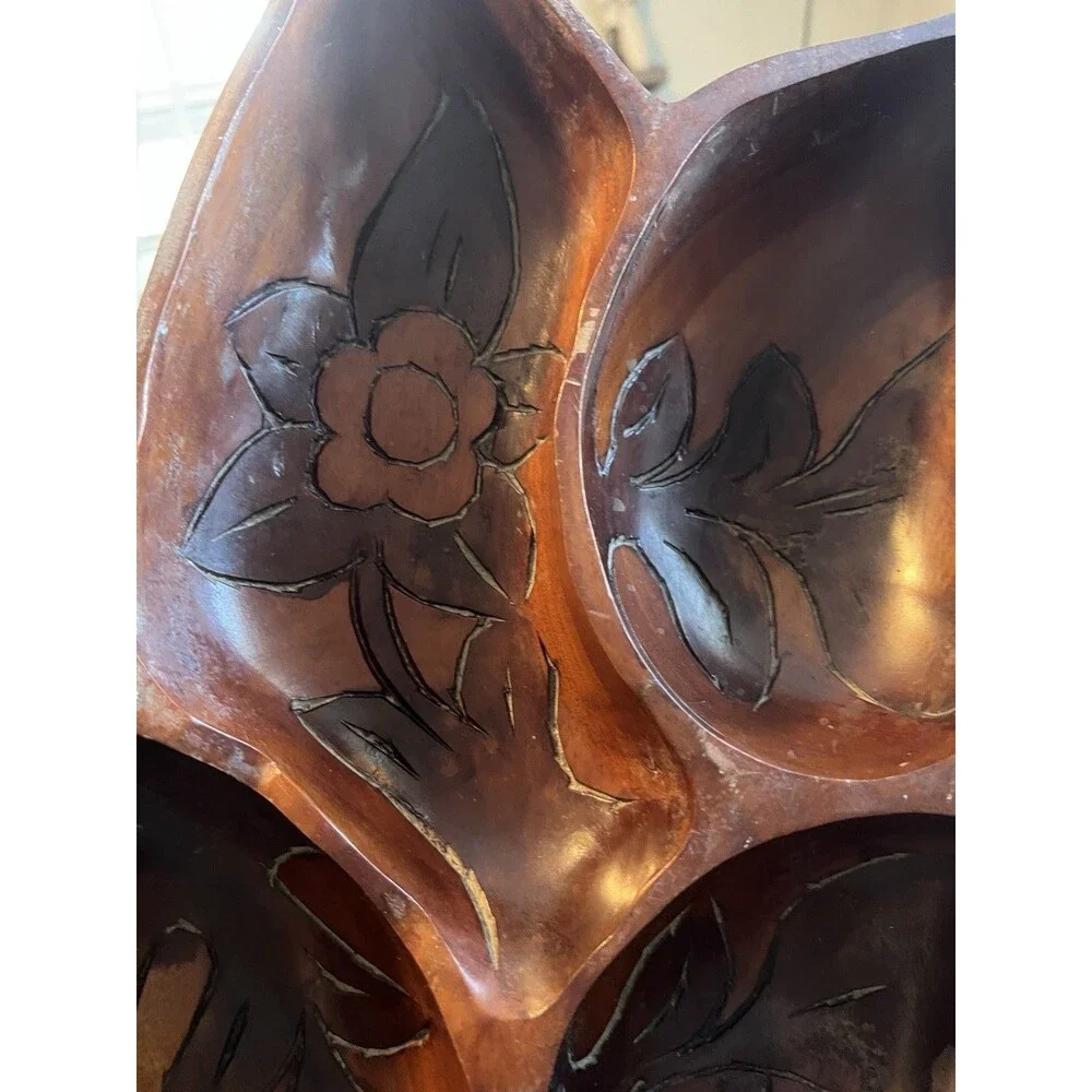 Hand Carved Wood Floral 6-Compartment Serving Tray, Brown Rustic 22 in
